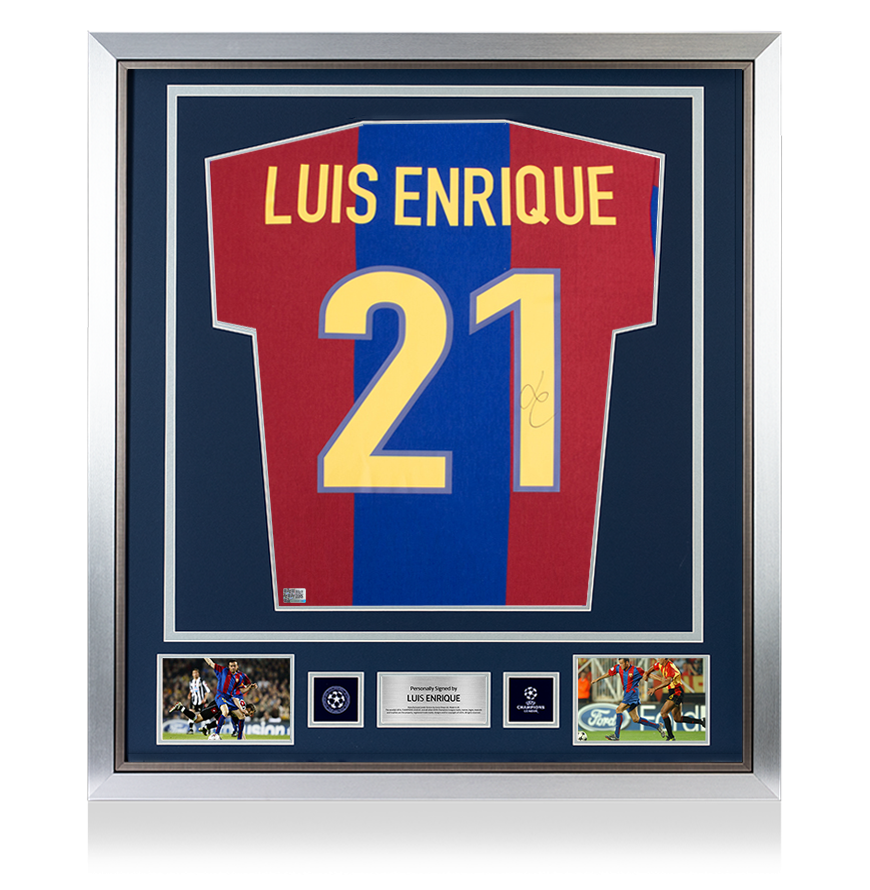 Luis Enrique Official UEFA Champions League Back Signed and Framed FC Barcelona Retro Home Shirt with Fan Style Numbers UEFA Club Competitions Online Store
