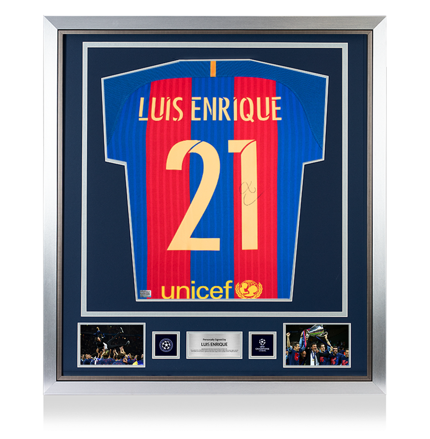 Luis Enrique Official UEFA Champions League Back Signed and Framed FC Barcelona 2016-17 Home Shirt with Fan Style Numbers UEFA Club Competitions Online Store