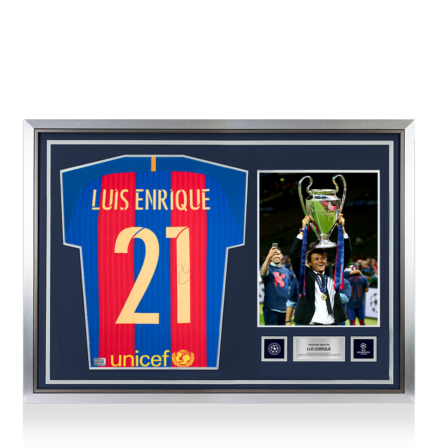 Luis Enrique Official UEFA Champions League Back Signed and Hero Framed FC Barcelona 2016-17 Home Shirt with Fan Style Numbers UEFA Club Competitions Online Store