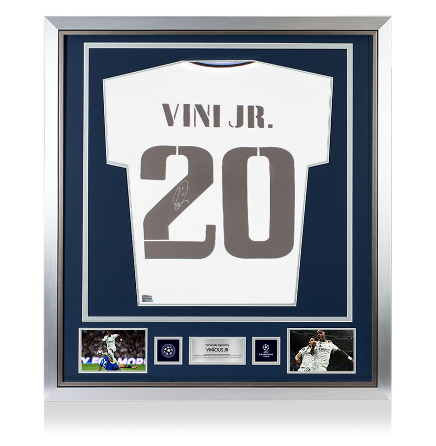 Vinicius JR Oficial de la UEFA Champions League firmado y enmarcado Real Madrid CF 2022-23 Camisa de casa con números de estilo de fanáticos