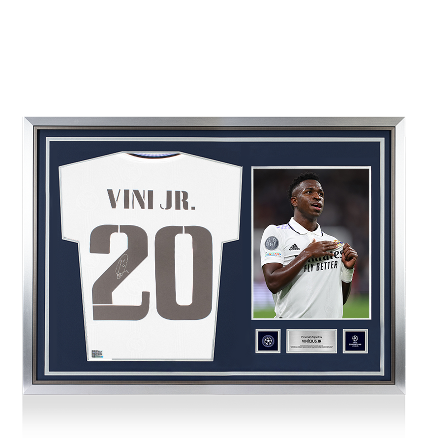 Vinicius JR Oficial de la UEFA Champions League firmado y héroe enmarcado Real Madrid CF 2022-23 Camisa doméstica con números de estilo de fanáticos