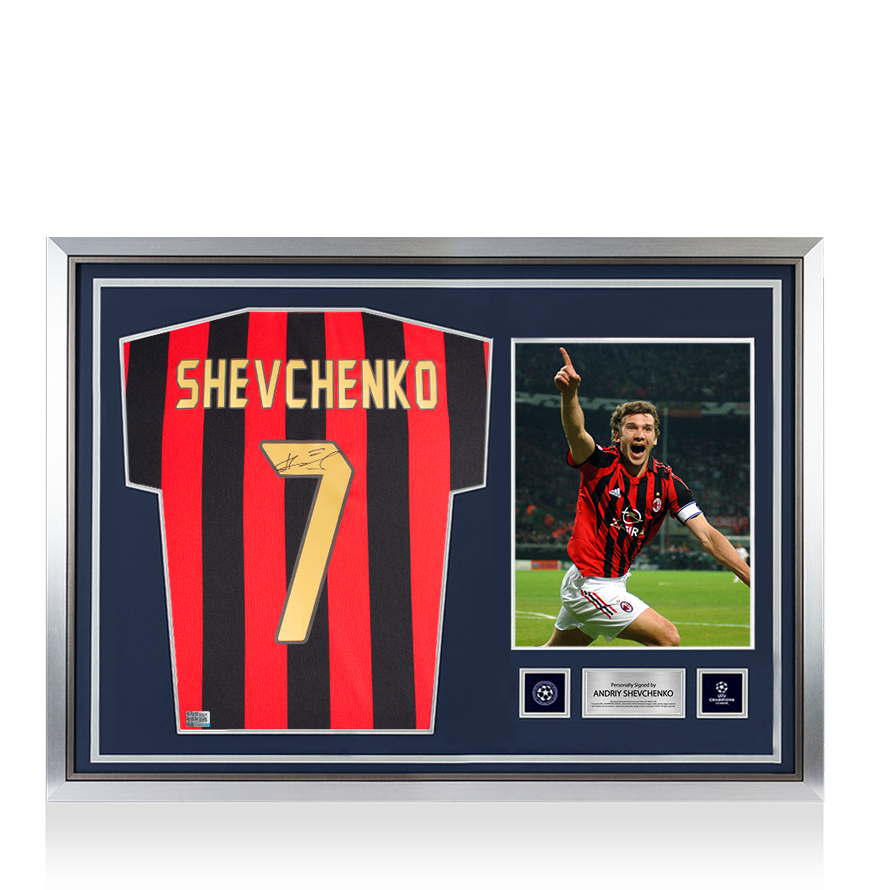 Andriy Shevchenko Official UEFA Champions League Back Signed and Hero Framed AC Milan 1988 Home Shirt with Fan Style Numbers UEFA Club Competitions Online Store