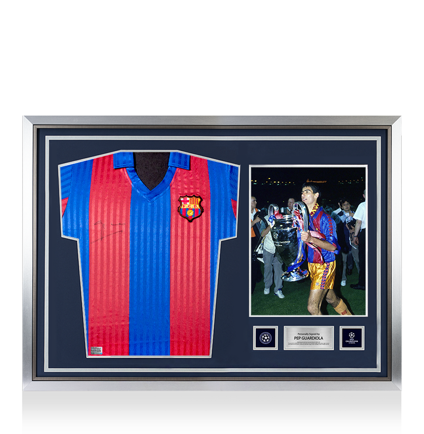 Pep Guardiola Official UEFA Champions League Front Signed and Hero Framed FC Barcelona 1992 Home Shirt UEFA Club Competitions Online Store