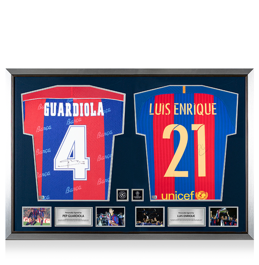 Pep Guardiola &amp; Luis Enrique Signed FC Barcelona Shirts In Official UEFA Champions League Dual Frame UEFA Club Competitions Online Store
