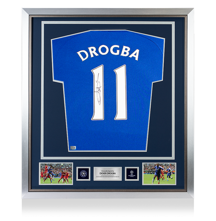 Didier Drogba Official UEFA Champions League Back Signed and Framed Chelsea 2022-23 Home Shirt UEFA Club Competitions Online Store