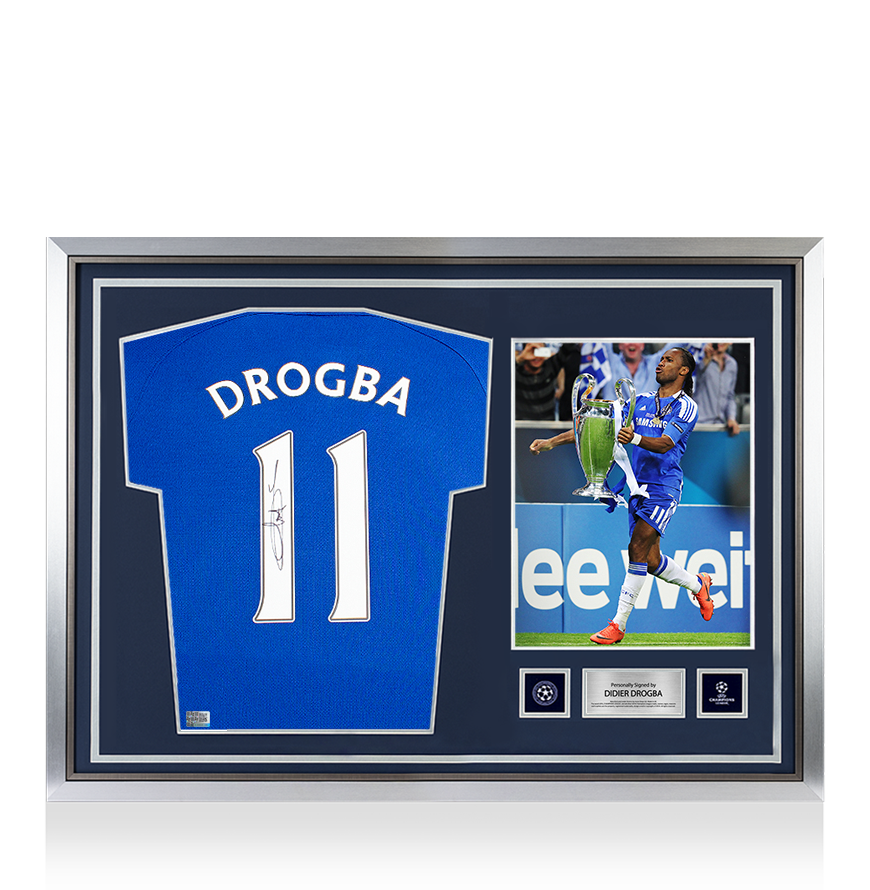 Didier Drogba Official UEFA Champions League Back Signed and Hero Framed Chelsea 2022-23 Home Shirt UEFA Club Competitions Online Store