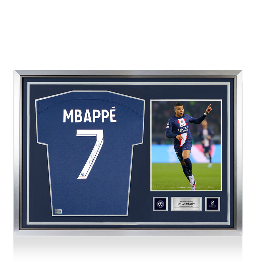 Kylian Mbappe Official UEFA Champions League Back Signed and Hero Framed Paris Saint-Germain 2022-23 Home Shirt UEFA Club Competitions Online Store
