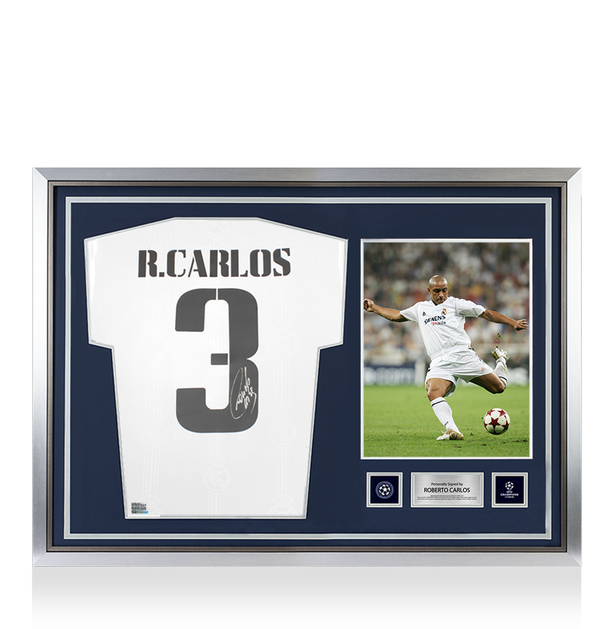 Roberto Carlos, offizieller UEFA-Champions-League-Rücken, signiert und mit Heldenrahmen versehen. Modernes Heimtrikot von Real Madrid mit Nummern im Fan-Stil