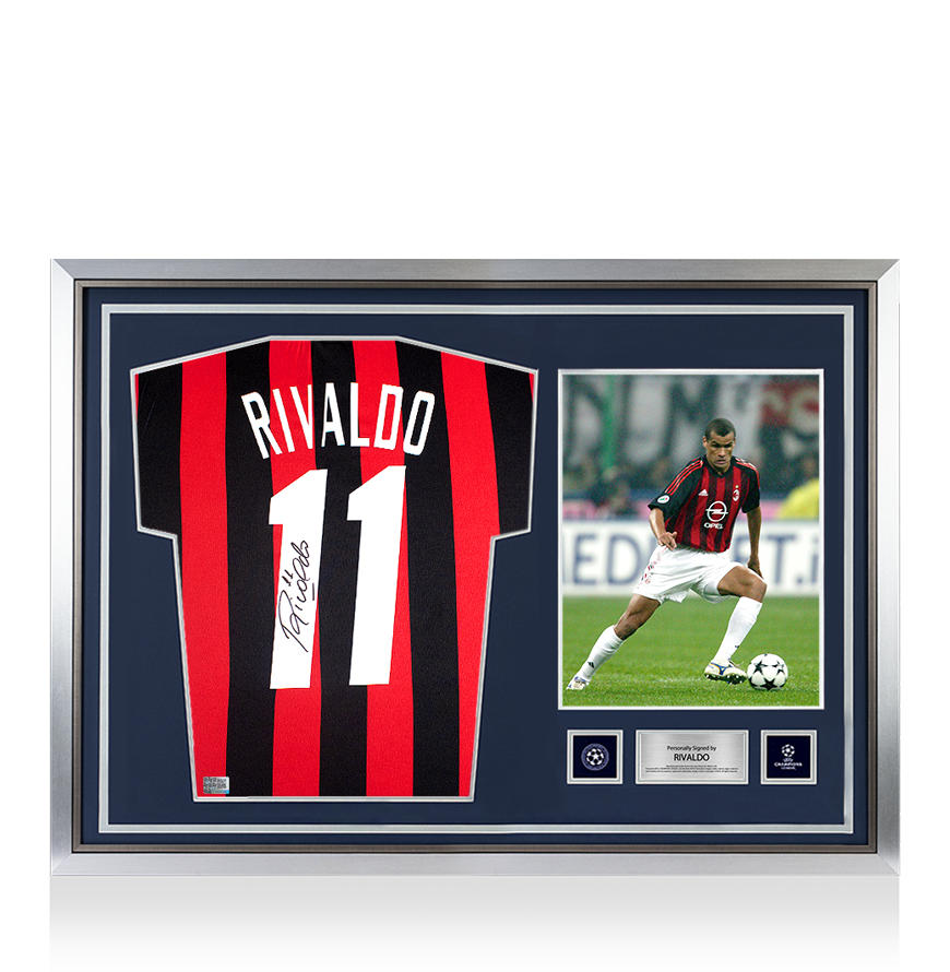 Rivaldo Official UEFA Champions League Back Signed and Hero Framed Retro AC Milan Home Shirt UEFA Club Competitions Online Store