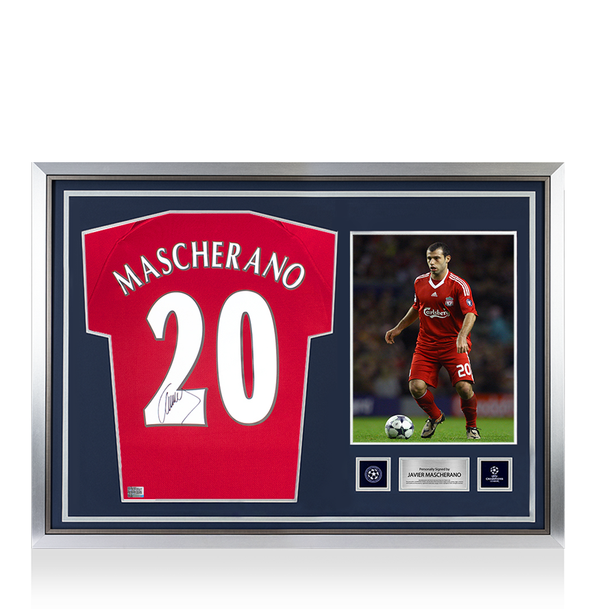 Javier Mascherano Official UEFA Champions League Signed and Hero Framed Modern Liverpool FC Home Shirt with Fan Style Numbers UEFA Club Competitions Online Store