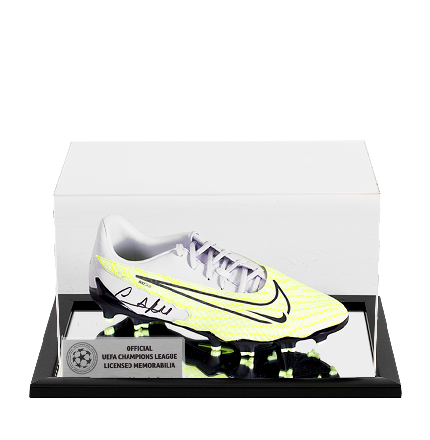 Cafu Official UEFA Champions League Signed Silver Nike Phantom GX Academy Boot In Acrylic Case