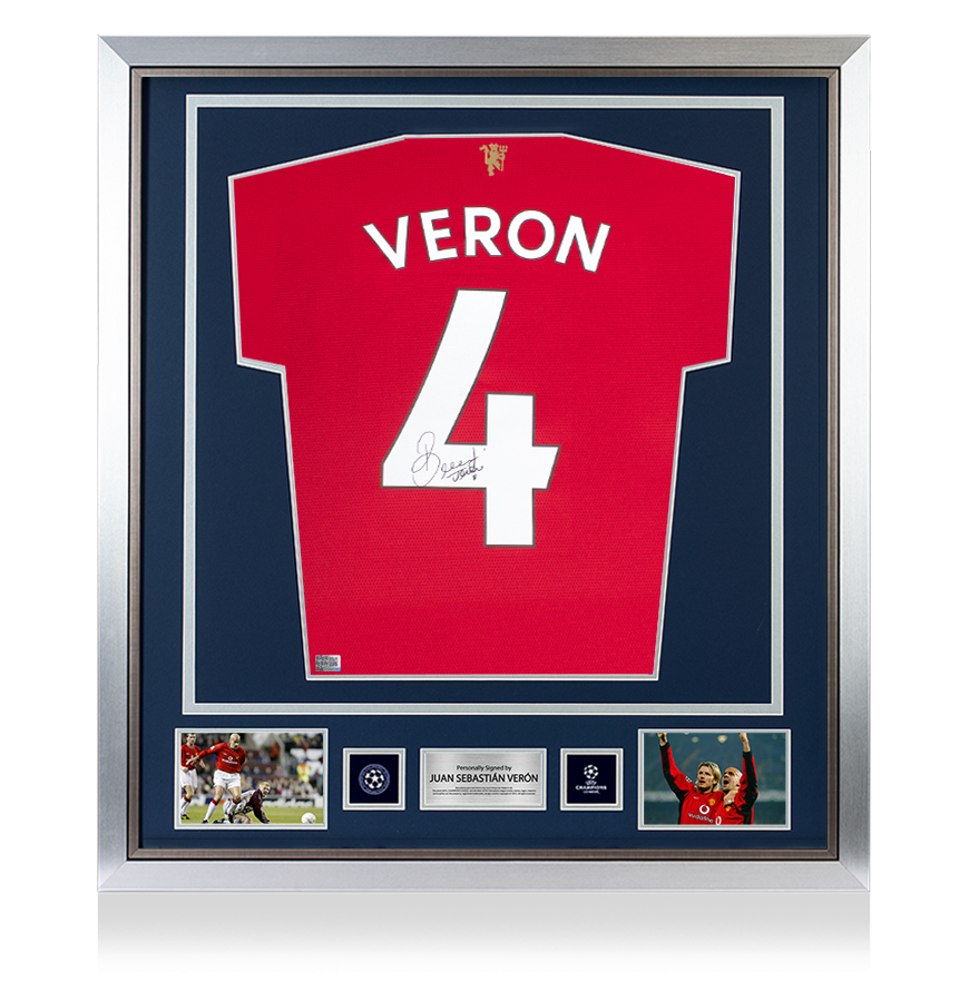 Juan Sebastian Veron Official UEFA Champions League Signed and Framed Modern Manchester United Home Shirt with Fan Style Numbers UEFA Club Competitions Online Store