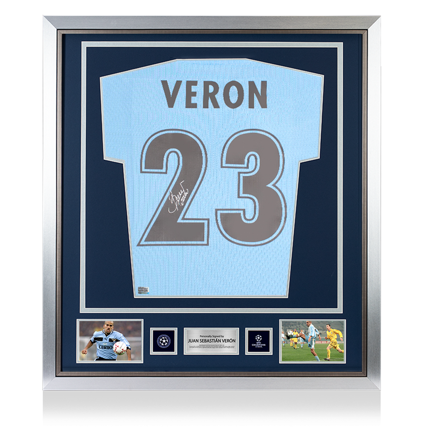 Juan Sebastian Veron Official UEFA Champions League Signed and Framed Modern SS Lazio Home Shirt with Fan Style Numbers UEFA Club Competitions Online Store