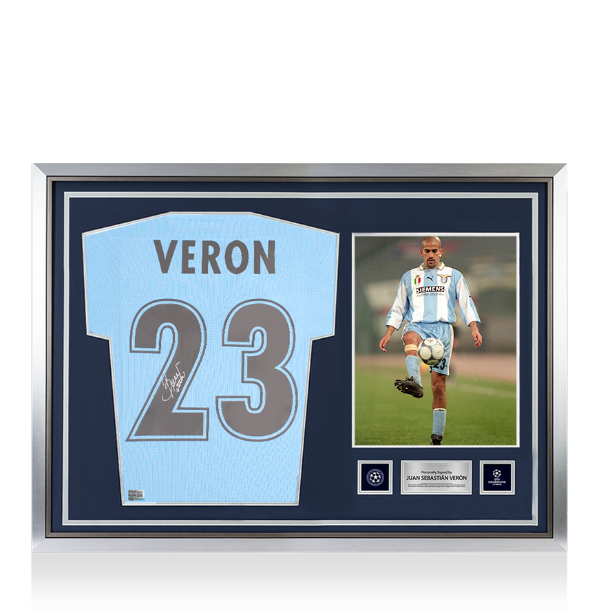 Juan Sebastian Veron Official UEFA Champions League Signed and Hero Framed Modern SS Lazio Home Shirt with Fan Style Numbers UEFA Club Competitions Online Store