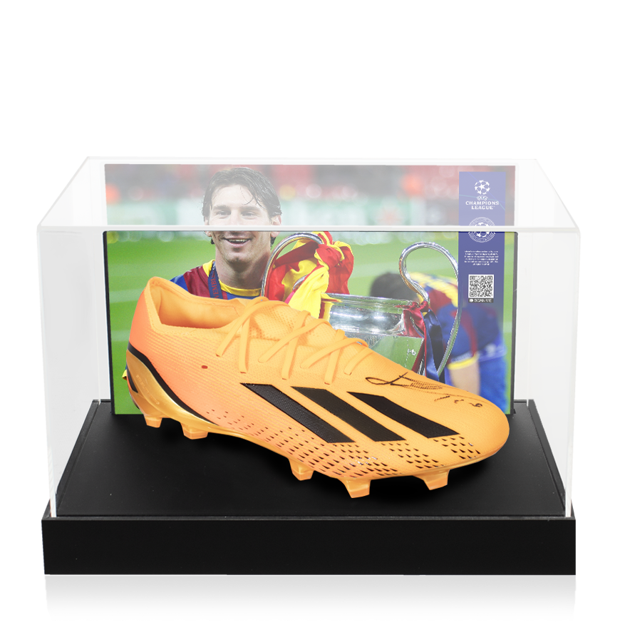 Lionel Messi Official UEFA Champions League Signed Orange adidas X Speedportal.1 Boot In Photo Acrylic Case: Option 1 UEFA Club Competitions Online Store