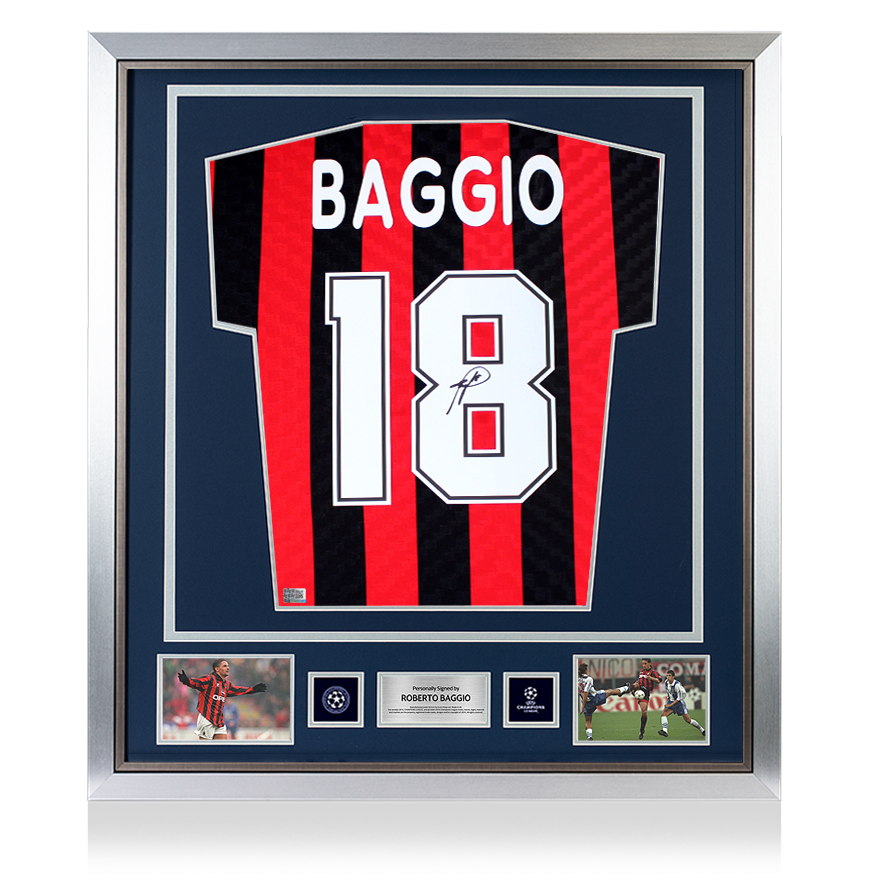 Roberto Baggio officiel de l&#39;UEFA Champions League en arrière signé et encadré AC Milan 1996 Chemise à domicile