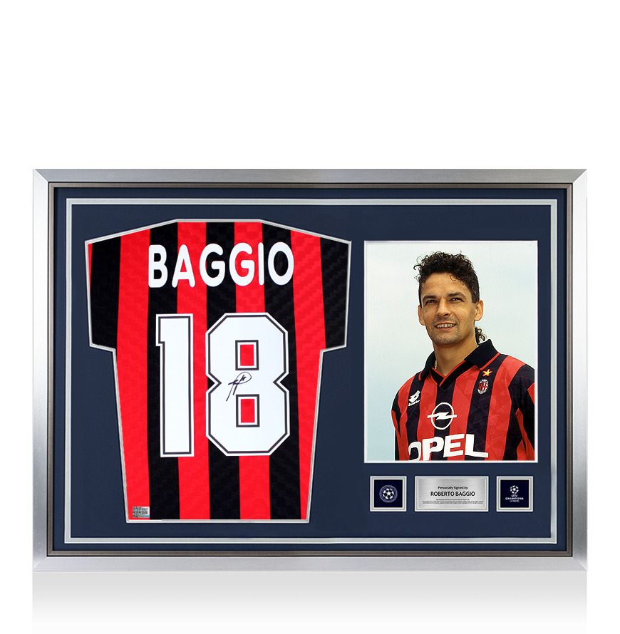 Roberto Baggio Oficial de la UEFA Champions League firmado y héroe enmarcado AC Milan 1996 Camisa de casa