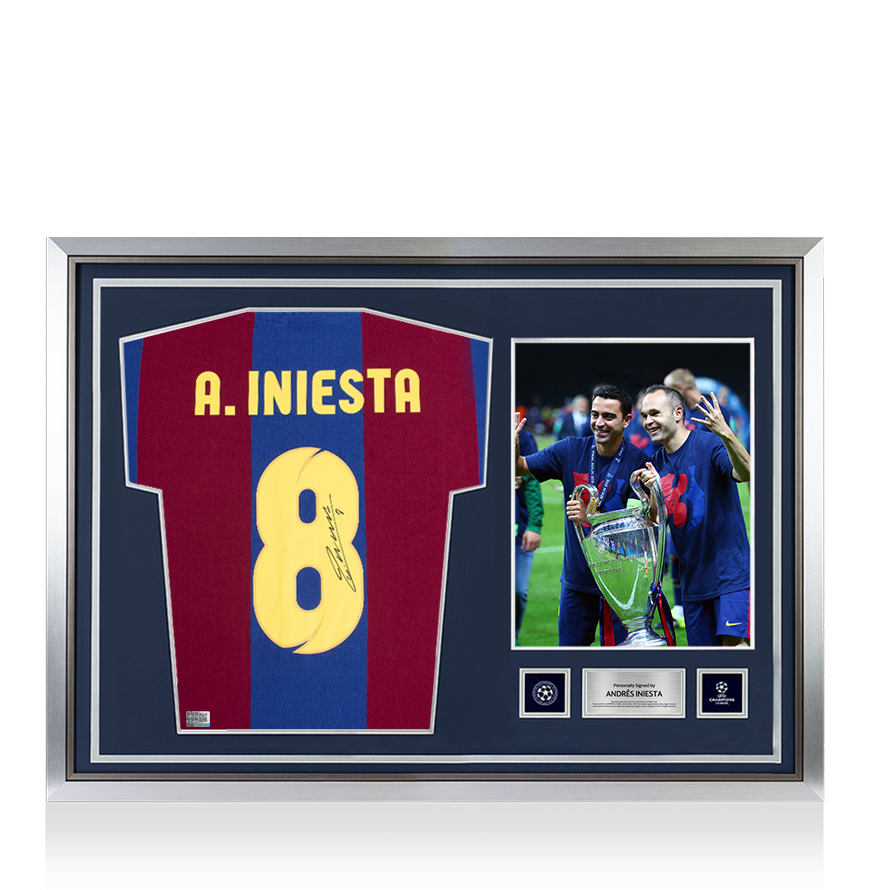 Andres Iniesta Official UEFA Champions League Back Signed and Hero Framed Retro FC Barcelona Home Shirt UEFA Club Competitions Online Store