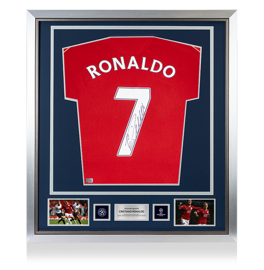 Maglia ufficiale Manchester United 2006-2007, autografata e incorniciata dal retro ufficiale della UEFA Champions League di Cristiano Ronaldo