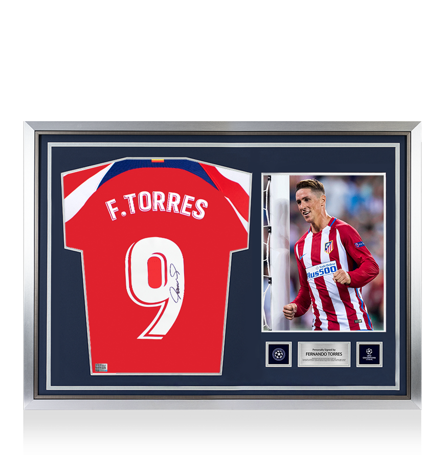 Fernando Torres Official UEFA Champions League Back Signed and Hero Framed Modern Atletico Madrid Home Shirt UEFA Club Competitions Online Store
