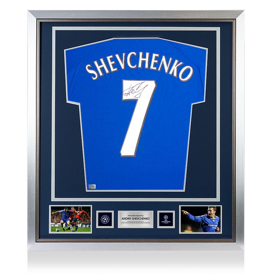Andriy Shevchenko Official UEFA Champions League Back Signed and Framed Retro Chelsea FC Home Shirt with Fan Style Numbers UEFA Club Competitions Online Store