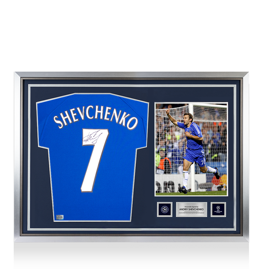Andriy Shevchenko Official UEFA Champions League Back Signed and Hero Framed Retro Chelsea FC Home Shirt with Fan Style Numbers UEFA Club Competitions Online Store
