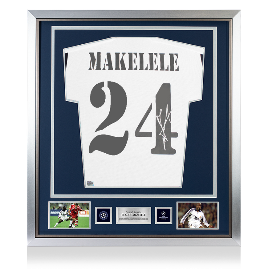 Claude Makelele, offizieller UEFA-Champions-League-Rücken, signiert und gerahmt. Modernes Real Madrid CF-Heimtrikot mit Nummern im Fan-Stil