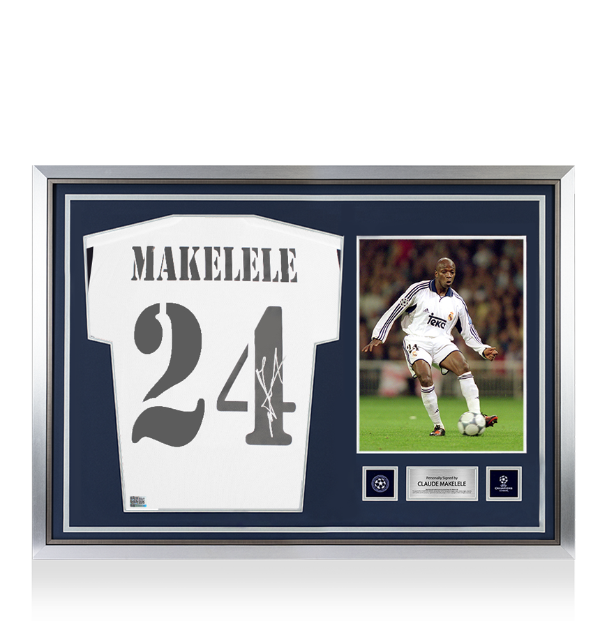 Claude Makelele Maglia ufficiale da casa moderna del Real Madrid CF, autografata sul retro della UEFA Champions League e incorniciata dall&#39;eroe, con numeri in stile tifoso