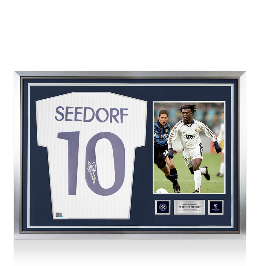 Clarence Seedorf, offizieller UEFA-Champions-League-Rücken, signiertes und gerahmtes Real-Madrid-Icon-Trikot mit Fan-Nummern