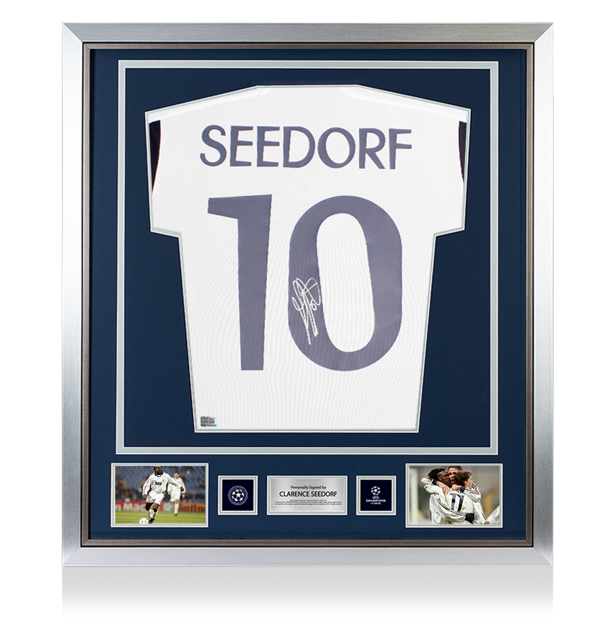Clarence Seedorf Maglia ufficiale da casa del Real Madrid 2023-24 della UEFA Champions League autografata e incorniciata con numeri stile fan