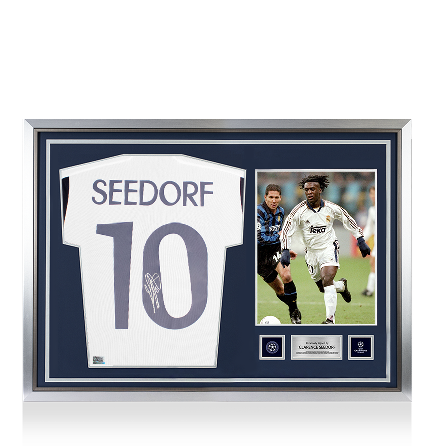 Clarence Seedorf, offizieller UEFA-Champions-League-Rücken, signiert und von einem Helden gerahmt, Real Madrid 2023-24 Heimtrikot mit Nummern im Fan-Stil