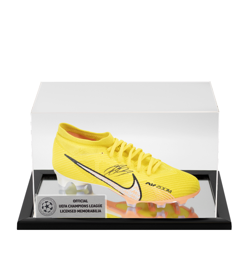John Arne Riise Official UEFA Champions League Signed Yellow Nike Mercurial Boot In Acrylic Case