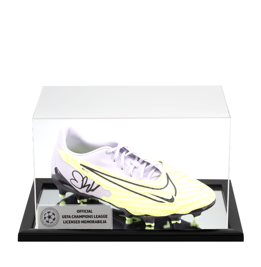 Erling Haaland Official UEFA Champions League Signed Grey and Yellow Nike Phantom Boot In Acrylic Case