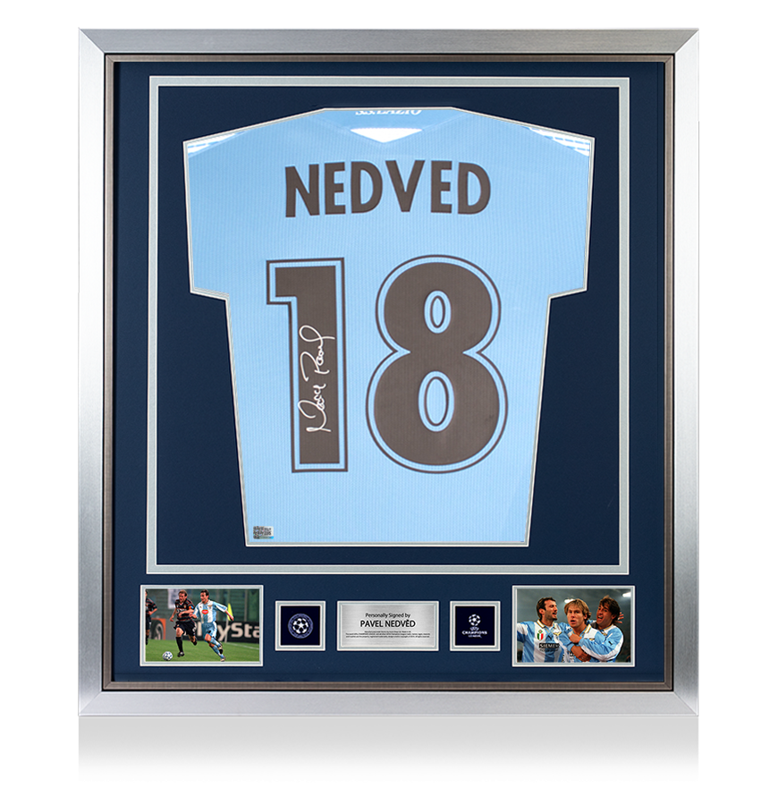 Pavel Nedved Official UEFA Champions League Back Signed and Framed Modern SS Lazio Home Shirt with Fan Style Numbers UEFA Club Competitions Online Store