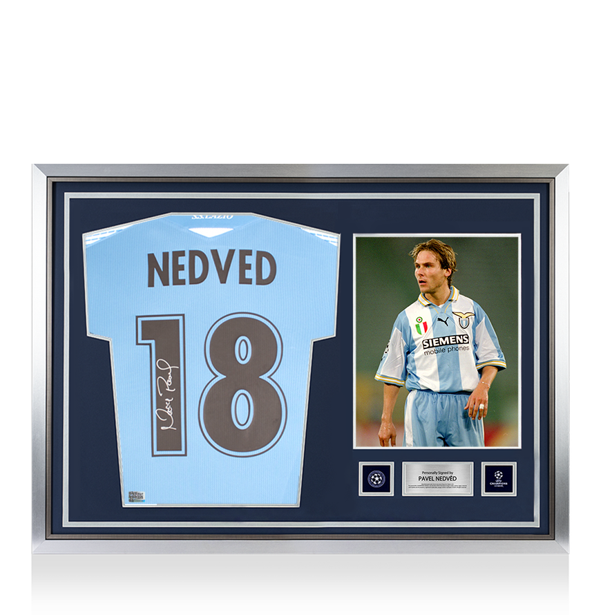 Pavel Nedved Official UEFA Champions League Back Signed and Hero Framed Modern SS Lazio Home Shirt with Fan Style Numbers UEFA Club Competitions Online Store