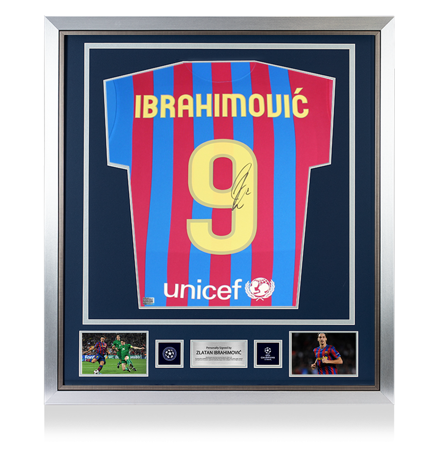 Zlatan Ibrahimovic Official UEFA Champions League Back Signed and Framed Modern FC Barcelona Home Shirt with Fan Style Numbers UEFA Club Competitions Online Store