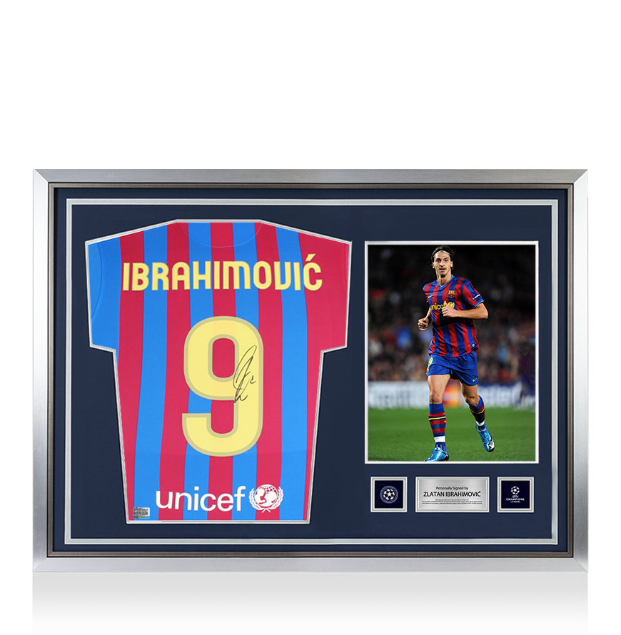 Zlatan Ibrahimovic Official UEFA Champions League Back Signed and Hero Framed Modern FC Barcelona Home Shirt with Fan Style Numbers UEFA Club Competitions Online Store