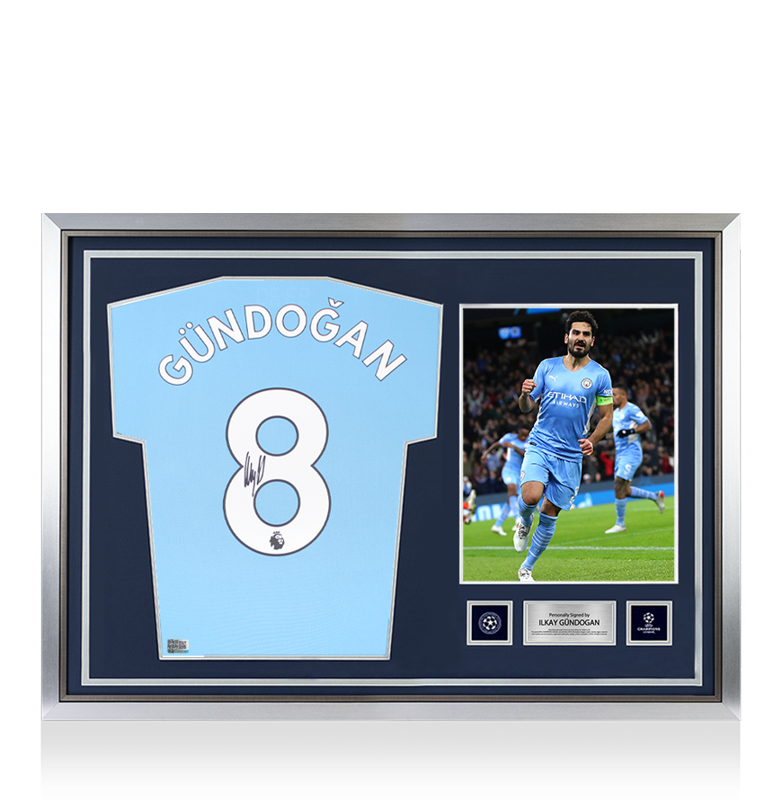 Ilkay Gundogan Official UEFA Champions League Back Signed and Hero Framed Manchester City 2021-22 Home Shirt UEFA Club Competitions Online Store