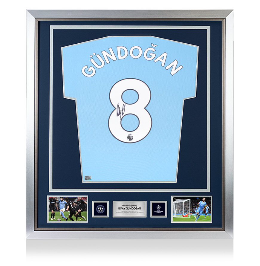 Ilkay Gundogan Official UEFA Champions League Back Signed and Framed Manchester City 2021-22 Home Shirt UEFA Club Competitions Online Store