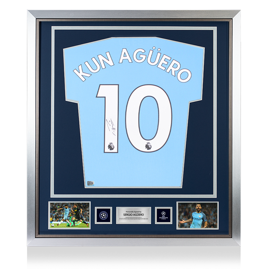 Sergio Aguero Official UEFA Champions League Back Signed and Framed Manchester City 2021-22 Home Shirt UEFA Club Competitions Online Store