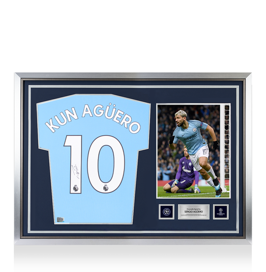 Sergio Aguero Official UEFA Champions League Back Signed and Hero Framed Manchester City 2021-22 Home Shirt UEFA Club Competitions Online Store