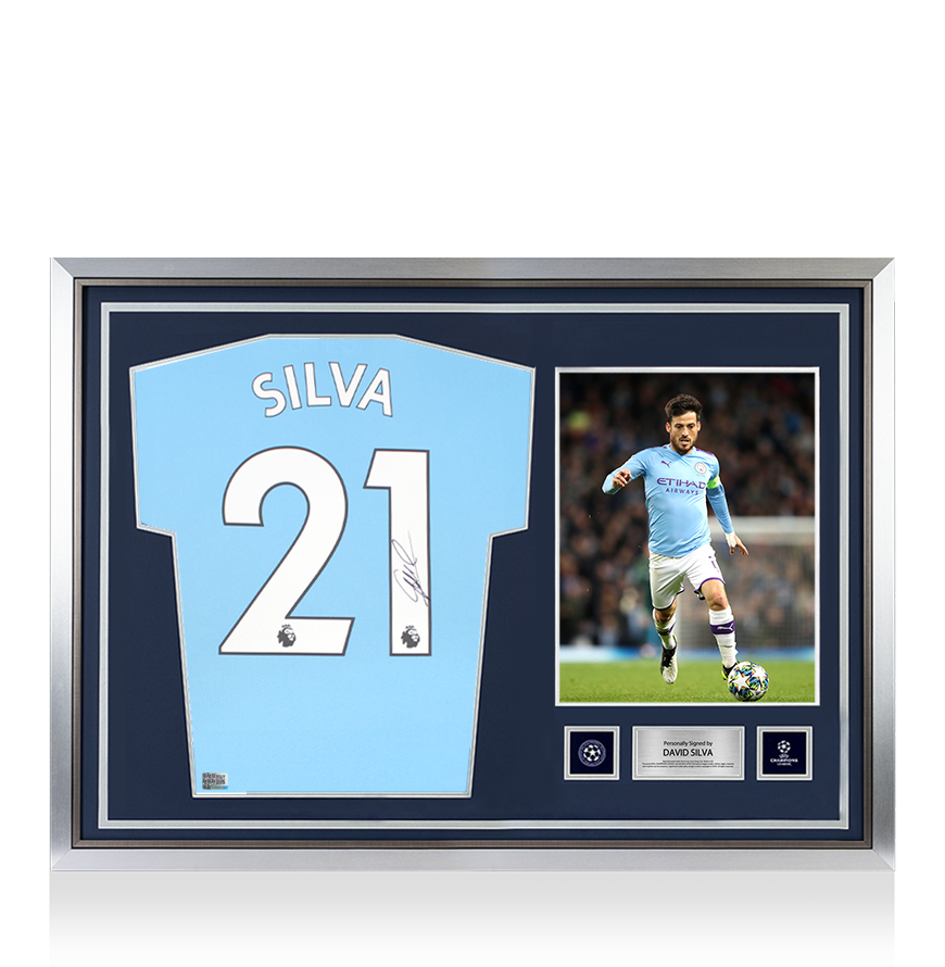 David Silva Official UEFA Champions League Back Signed and Hero Framed Manchester City 2021-22 Home Shirt UEFA Club Competitions Online Store