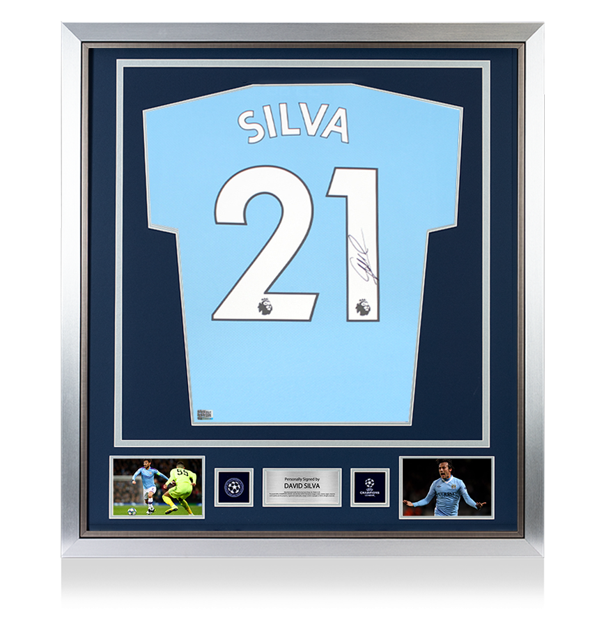 David Silva Official UEFA Champions League Back Signed and Framed Manchester City 2021-22 Home Shirt UEFA Club Competitions Online Store