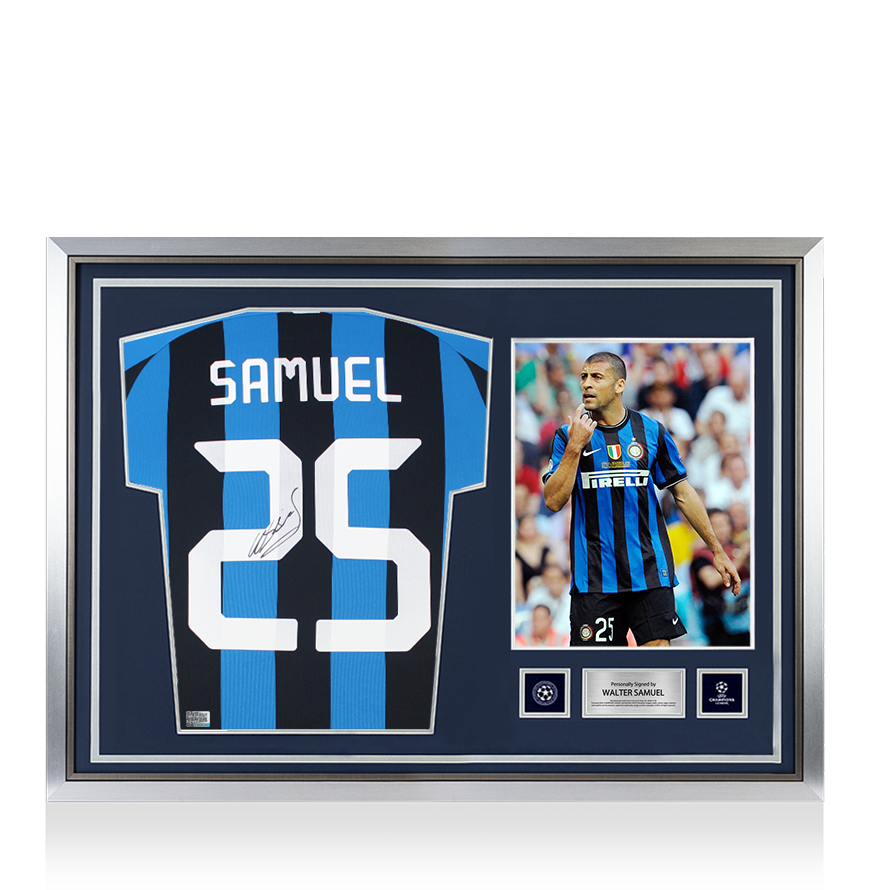 Walter Samuel, offizieller UEFA-Champions-League-Rücken, signiert und mit Heldenrahmen versehen. Modernes Internazionale-Heimtrikot mit Nummern im Fan-Stil