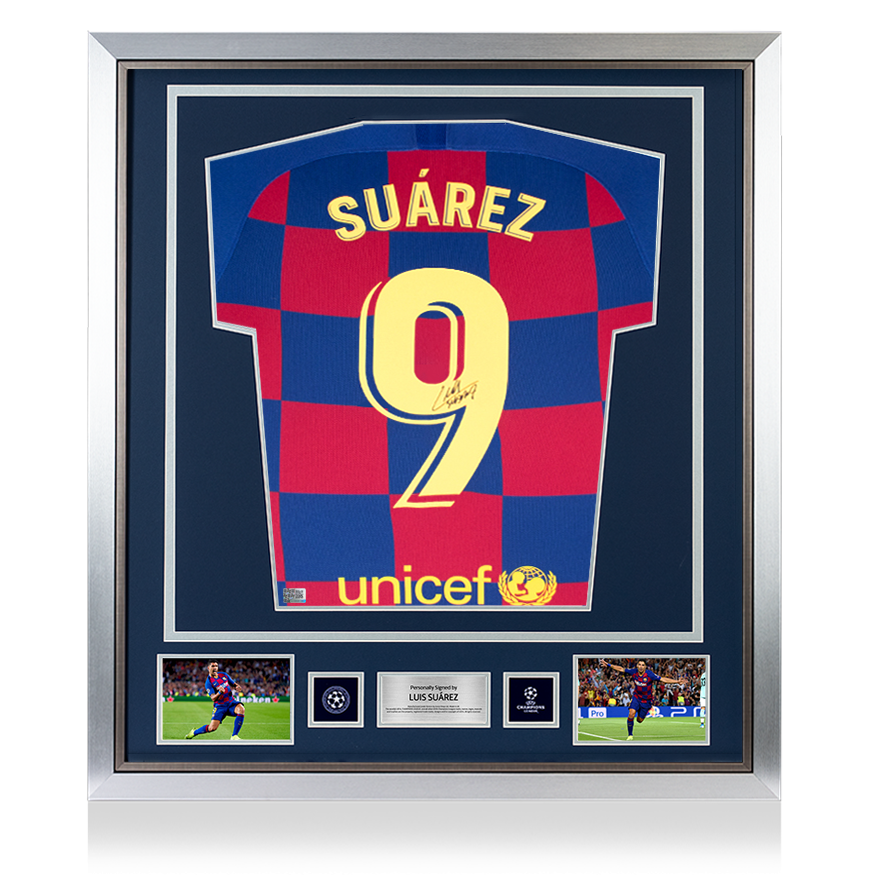 Luis Suarez Official UEFA Champions League Back Signed and Framed FC Barcelona 2019-20 Home Shirt UEFA Club Competitions Online Store