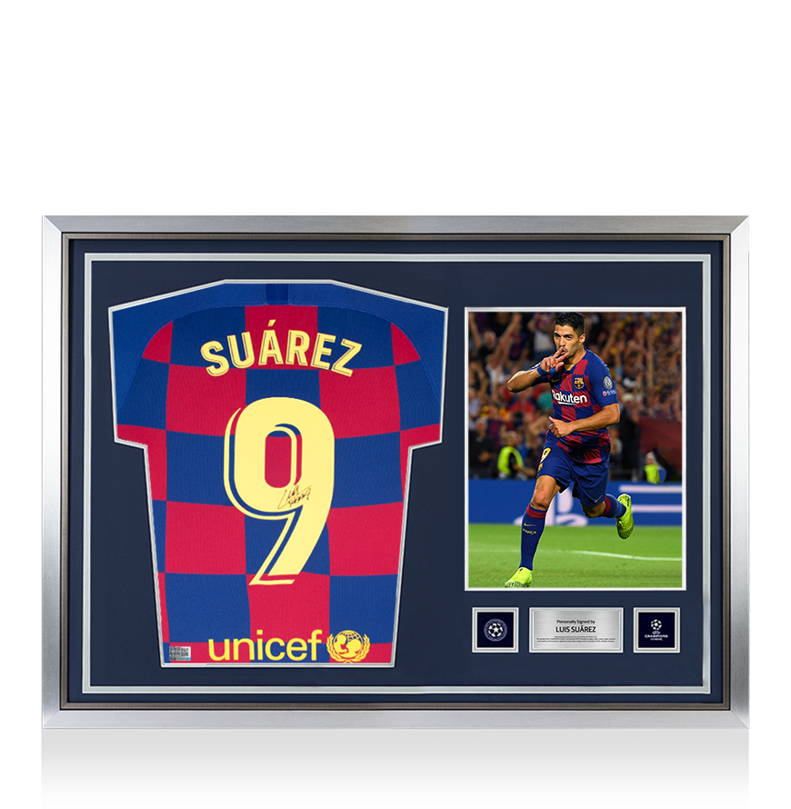 Luis Suárez, offizieller UEFA-Champions-League-Rücken, signiert und mit Heldenrahmen versehen, Heimtrikot des FC Barcelona 2019–20