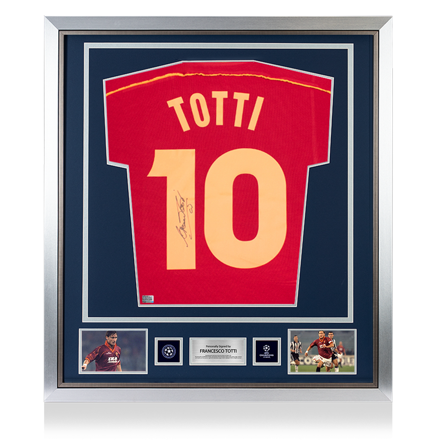 Francesco Totti OFFICIEL UEFA Champions League en arrière a signé et encadré en tant que chemise à domicile Roma 1998-99