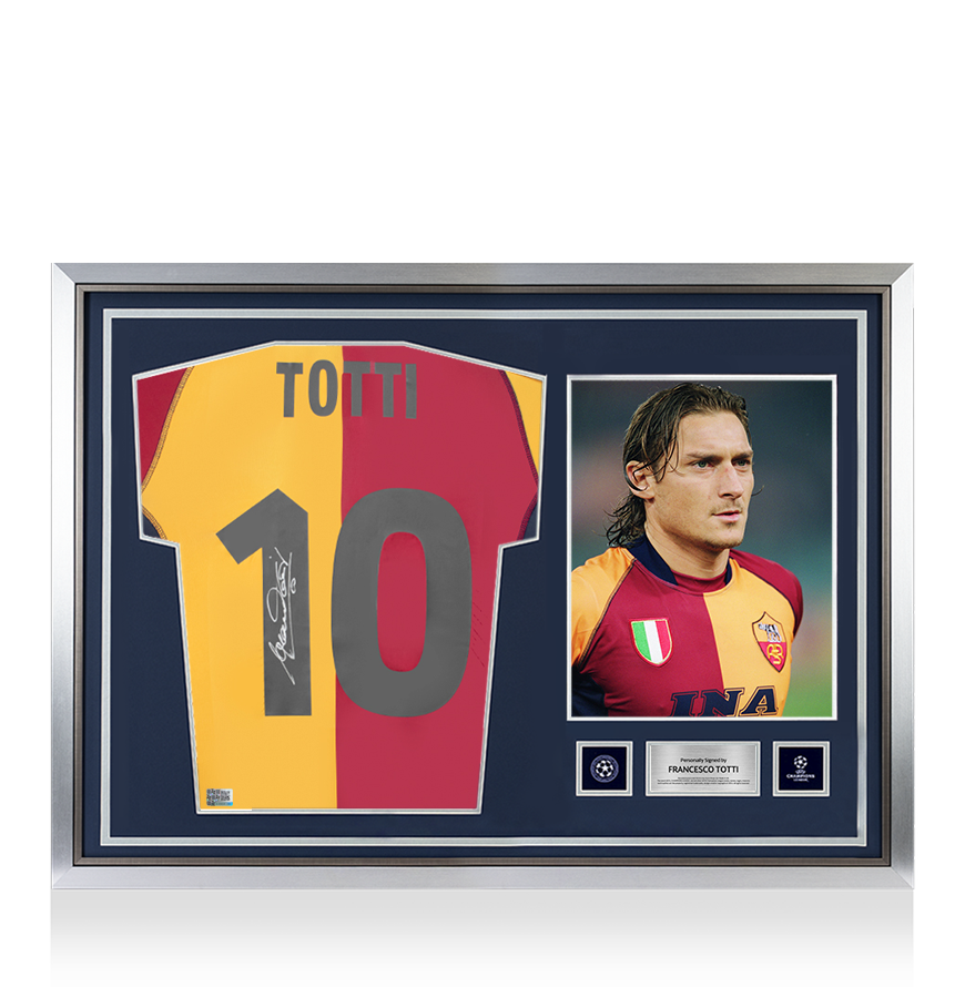 Francesco Totti OFFICIEL UEFA Champions League en arrière a signé et Hero encadré comme Roma 2001-02 Home Shirt