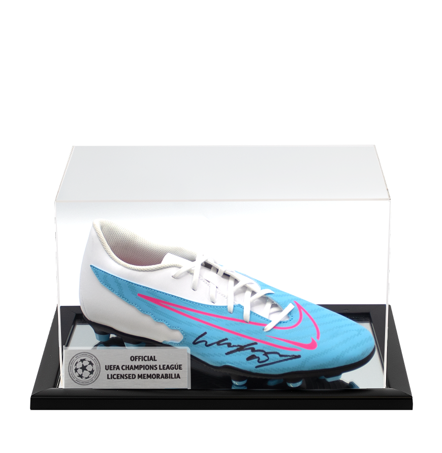 Wayne Rooney Official UEFA Champions League Signed Blue Nike Phantom Boot In Acrylic Case