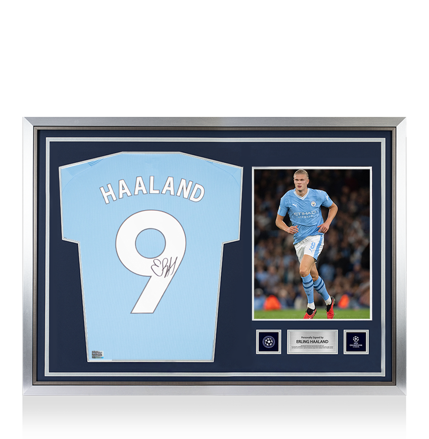 Erling Haaland Official UEFA Champions League Back Signed and Hero Framed Manchester City 2023-24 Home Shirt UEFA Club Competitions Online Store